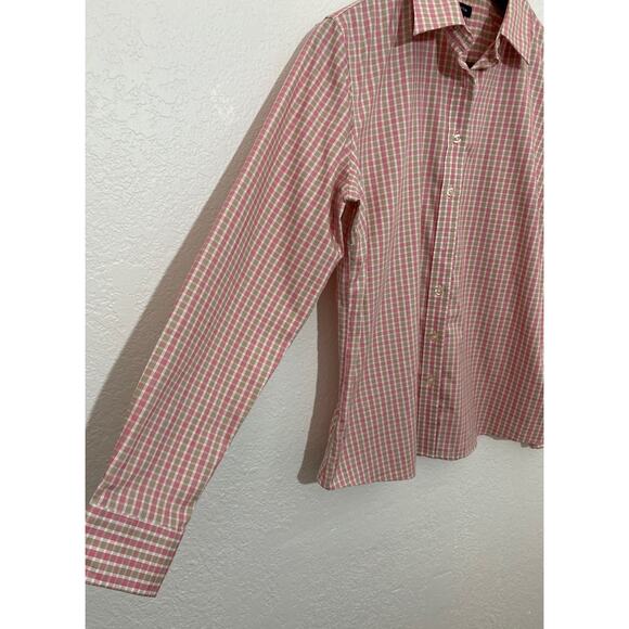 Lands’ End Women No-Iron Pinpoint Oxford Pink Green Plaid Button Up Shirt Sz 10 - Picture 2 of 6
